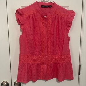 Womens eyelet and lace peplum blouse with flutter sleeves